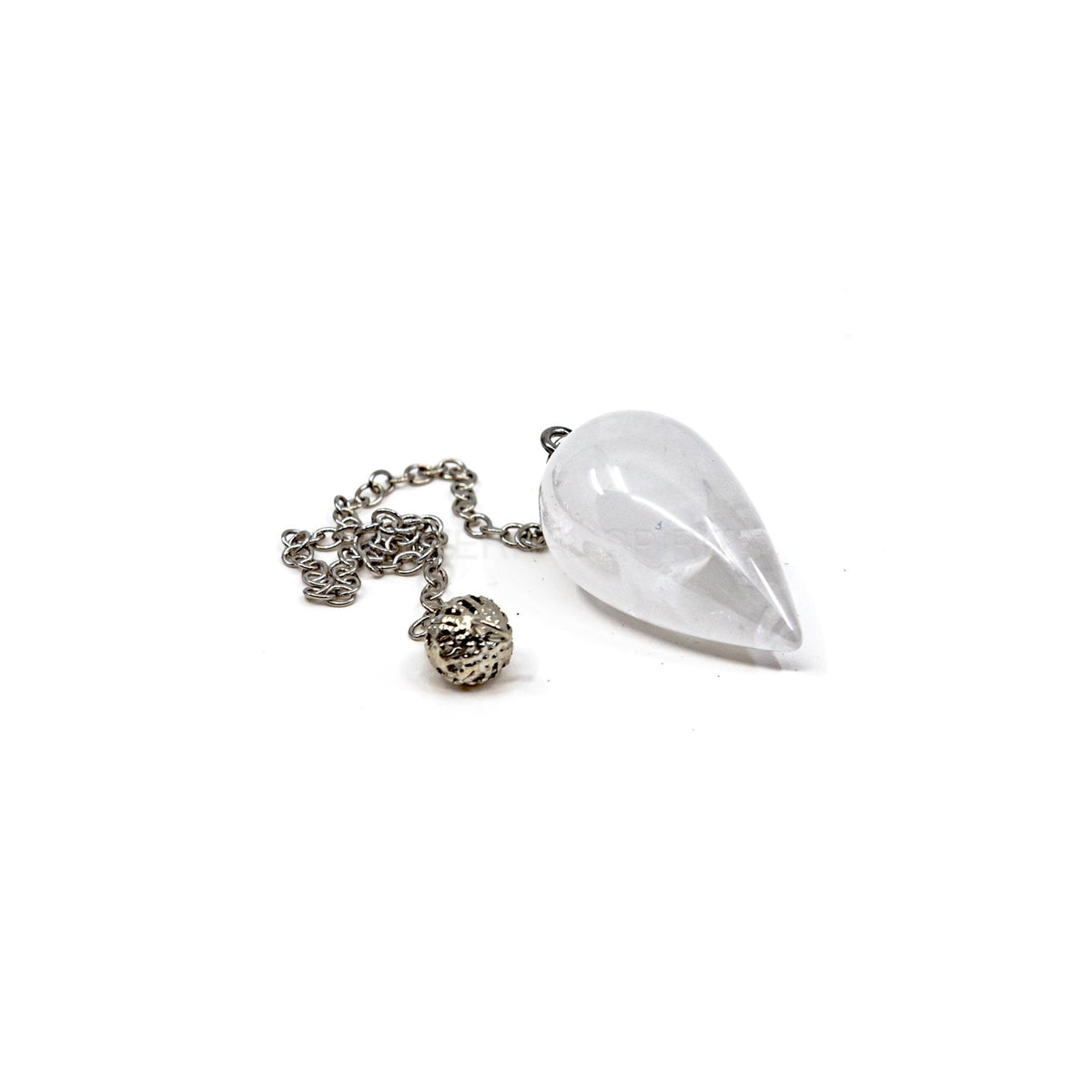 Close-up of Quartz (Clear) teardrop pendulum, crystalline clear stone detail — Eternal Spirit