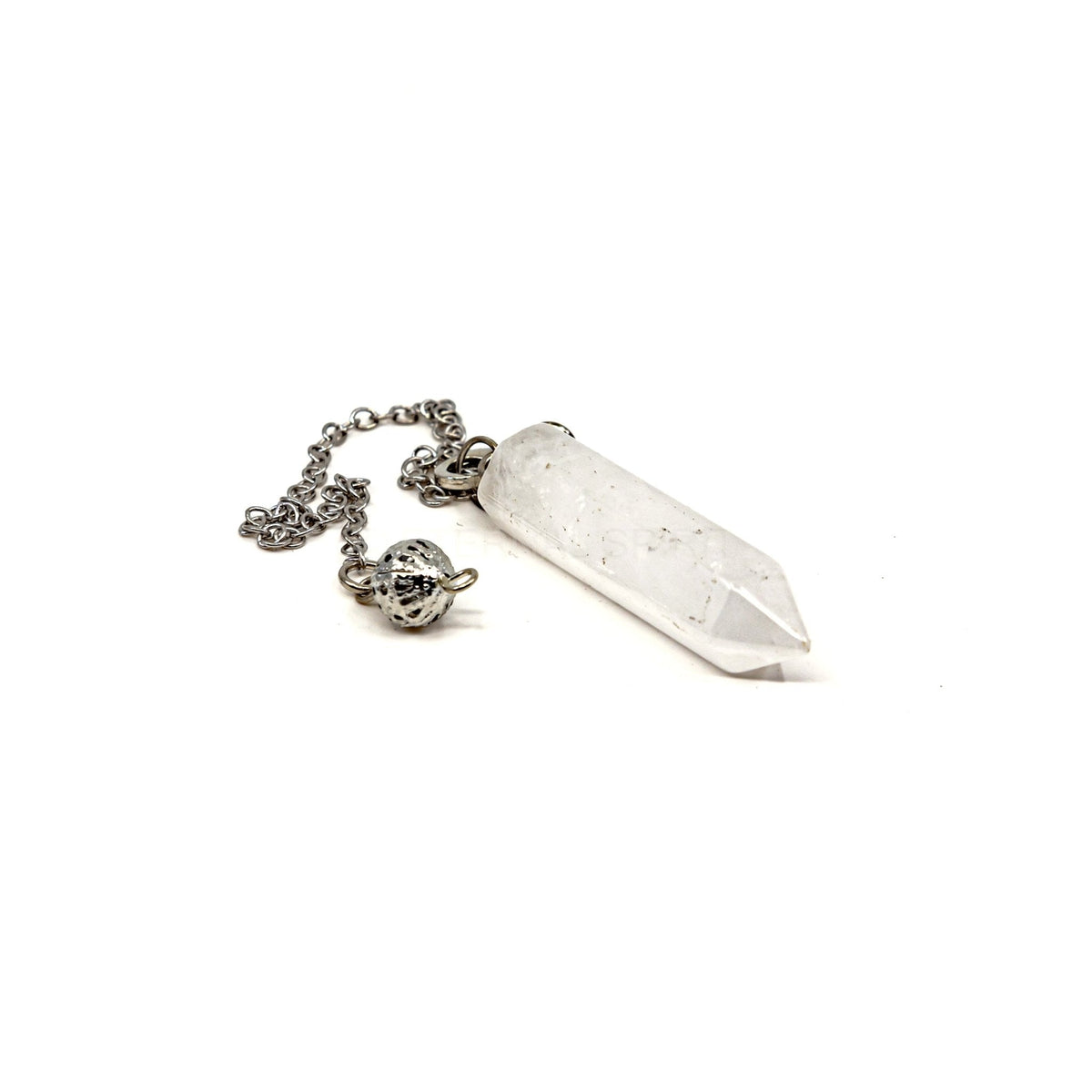 Close-up of Quartz (Clear) generator point pendulum, crystalline clear stone detail — Eternal Spirit