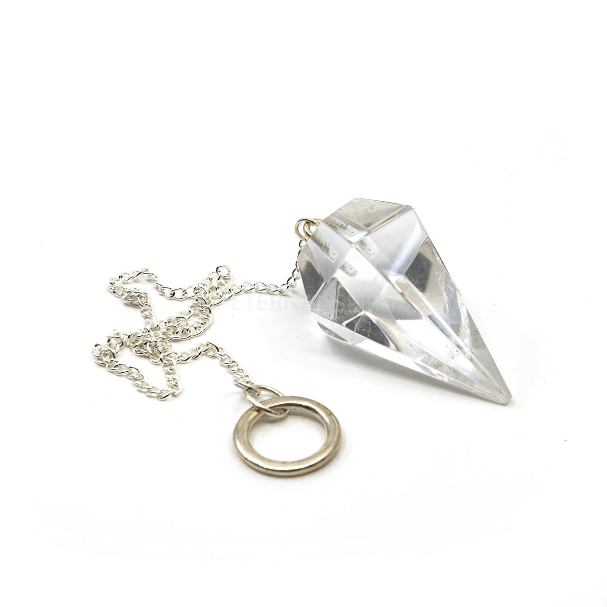 Close-up of Quartz (Clear) large faceted pendulum, crystalline clear stone detail — Eternal Spirit