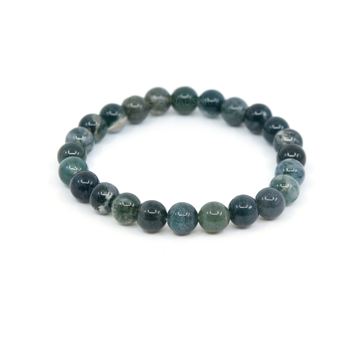 polished Agate (Moss) 8mm round bead bracelet on white background — Eternal Spirit