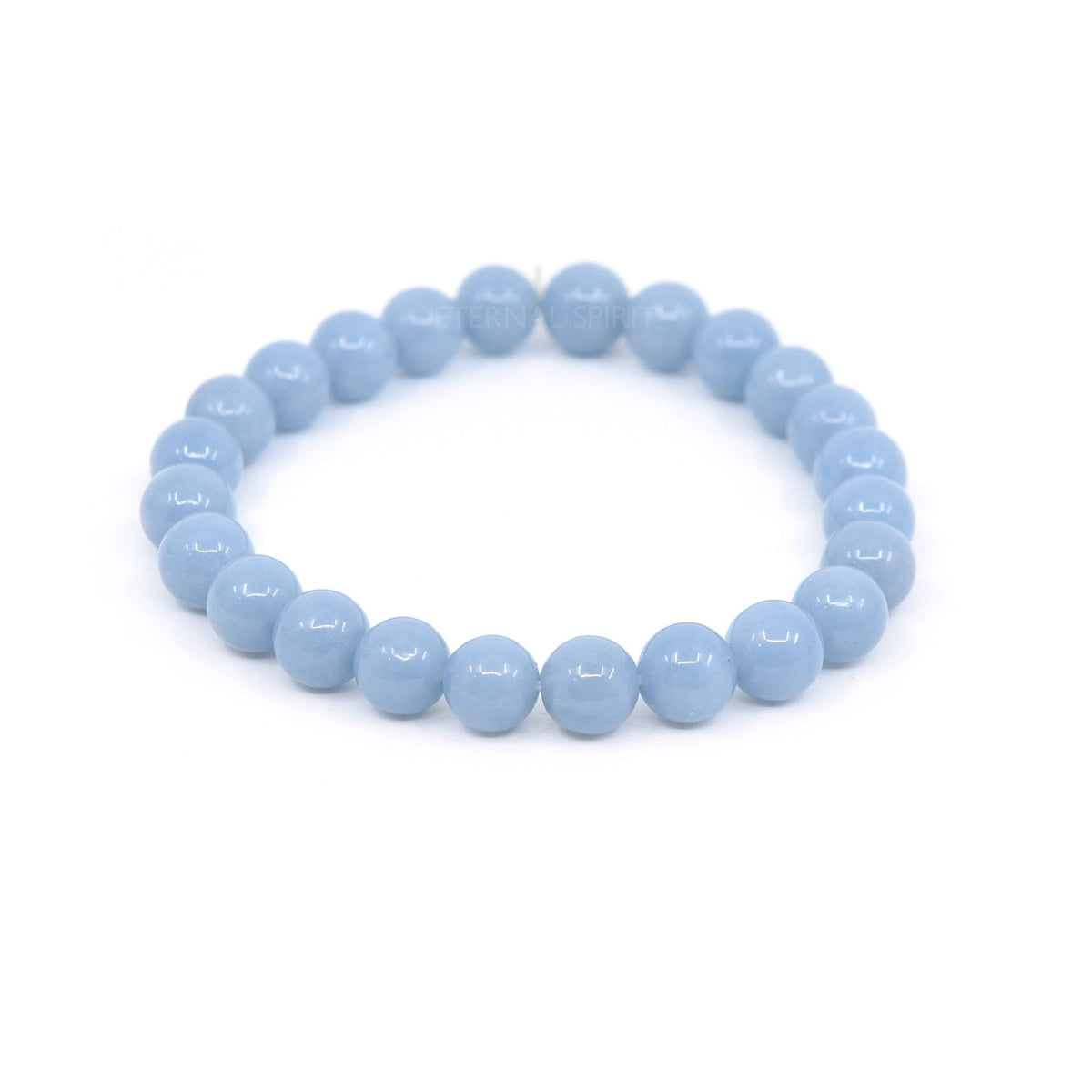 polished Angelite 8mm round bead bracelet on white background — Eternal Spirit