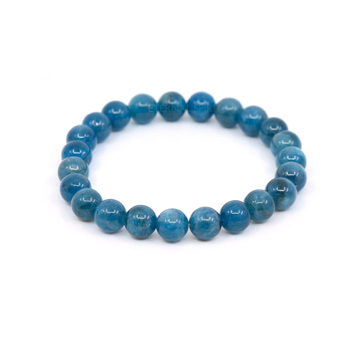 polished Apatite (Blue) 8mm round bead bracelet on white background — Eternal Spirit