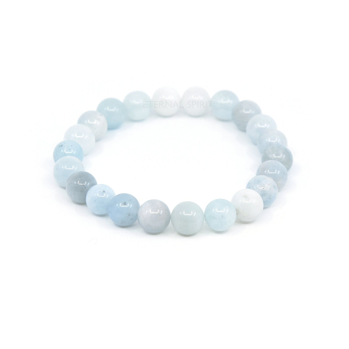 polished Aquamarine 8mm round bead bracelet on white background — Eternal Spirit