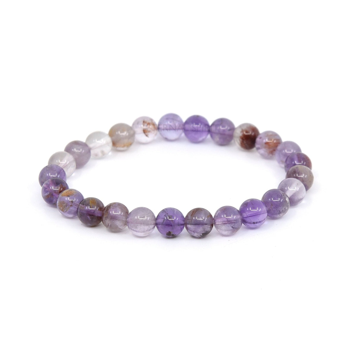 polished Auralite 23 8mm round bead bracelet on white background — Eternal Spirit