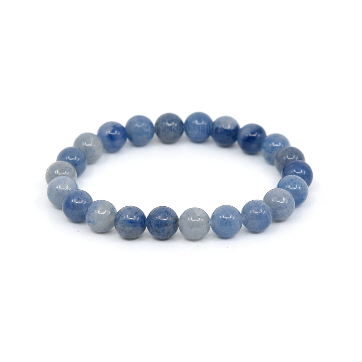 polished Quartz (Blue) 8mm round bead bracelet on white background — Eternal Spirit