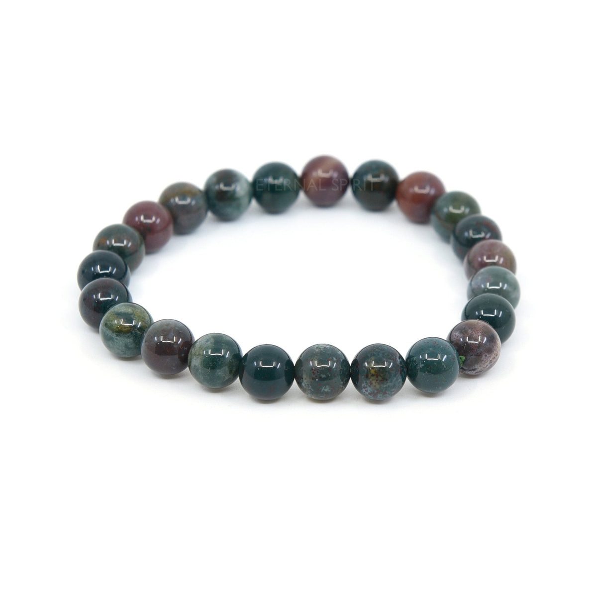 polished Bloodstone 8mm round bead bracelet on white background — Eternal Spirit