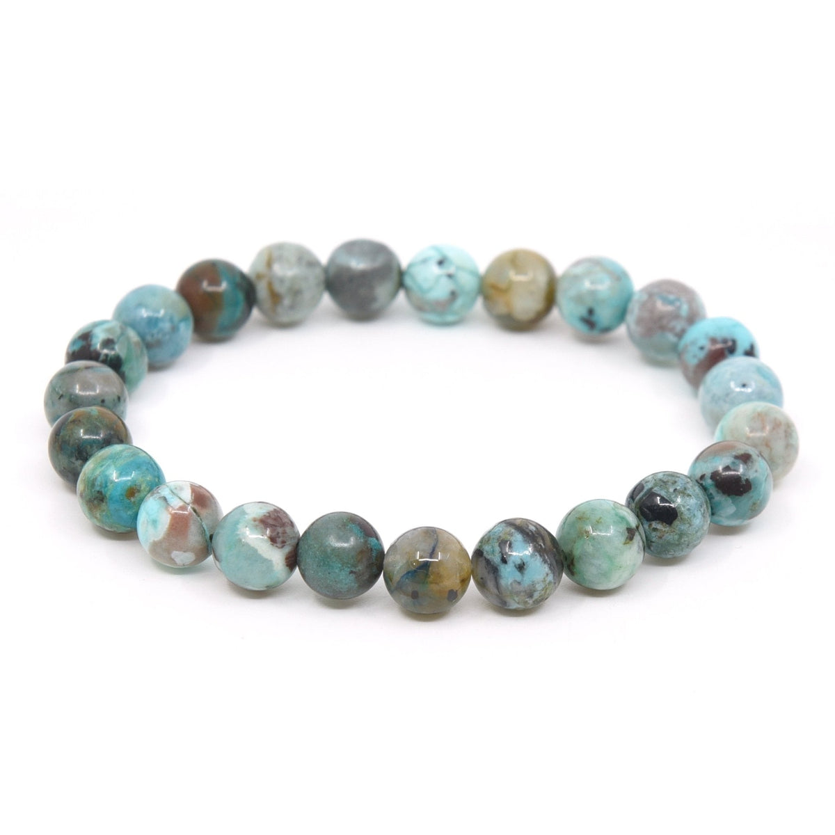 polished Chrysocolla 8mm round bead bracelet on white background — Eternal Spirit