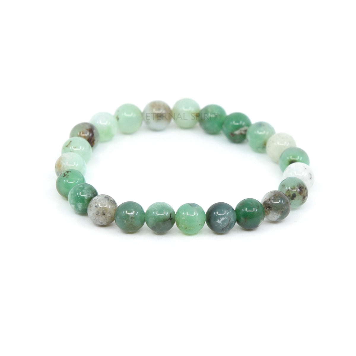 polished Chrysoprase 8mm round bead bracelet on white background — Eternal Spirit