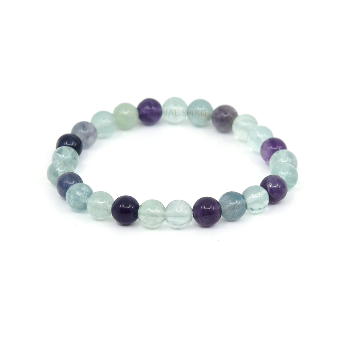polished Fluorite (Rainbow) 8mm round bead bracelet on white background — Eternal Spirit