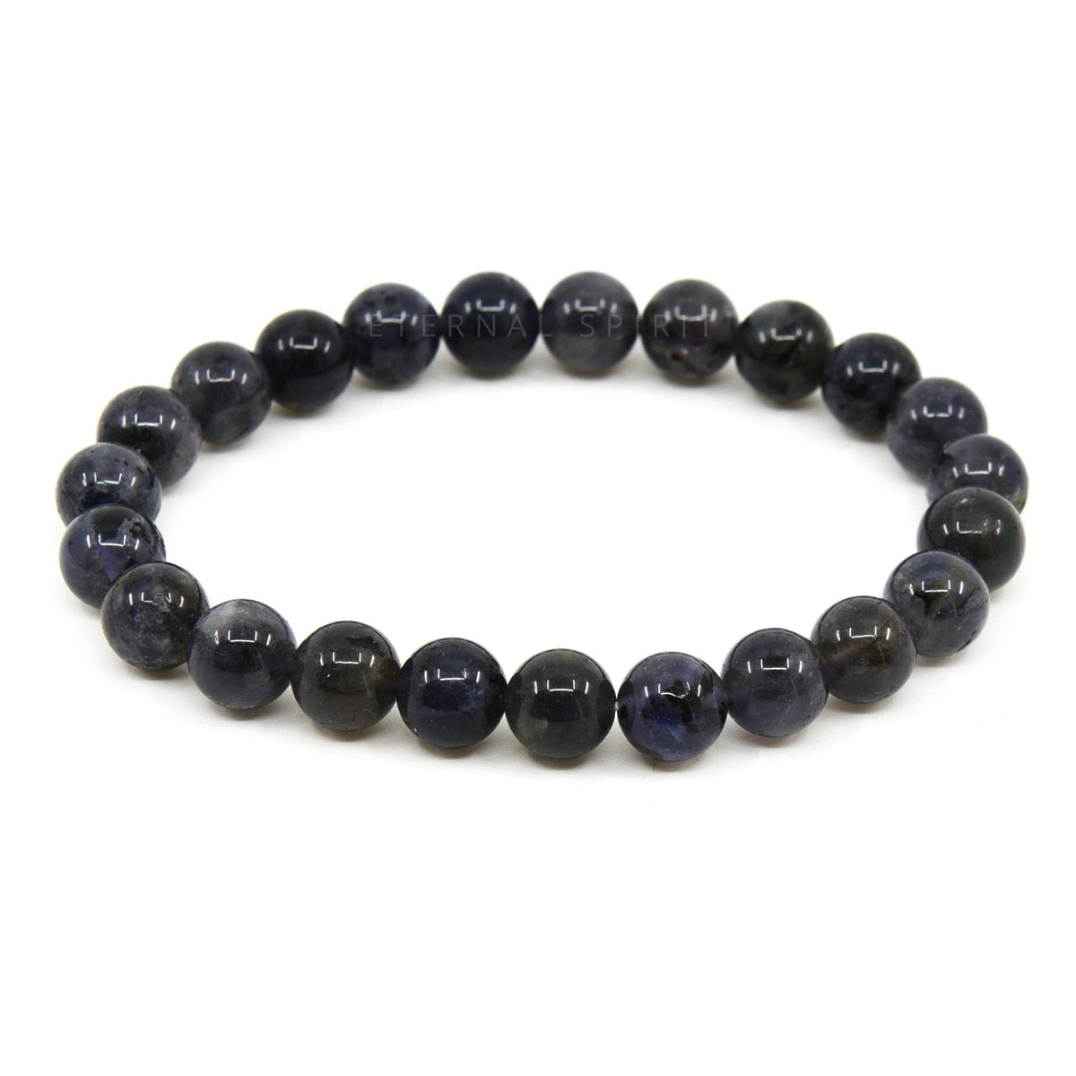polished Iolite 8mm round bead bracelet on white background — Eternal Spirit