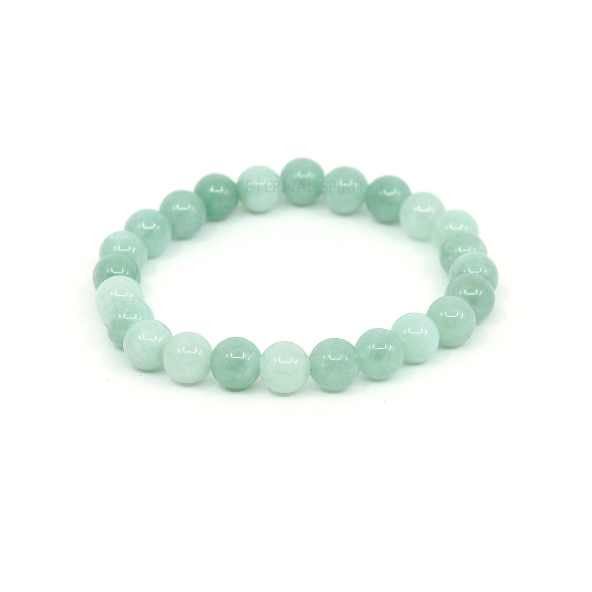 polished Jade (Burmese) 8mm round bead bracelet on white background — Eternal Spirit