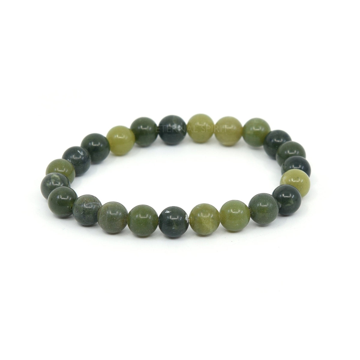 polished Jade (Nephrite) 8mm round bead bracelet on white background — Eternal Spirit