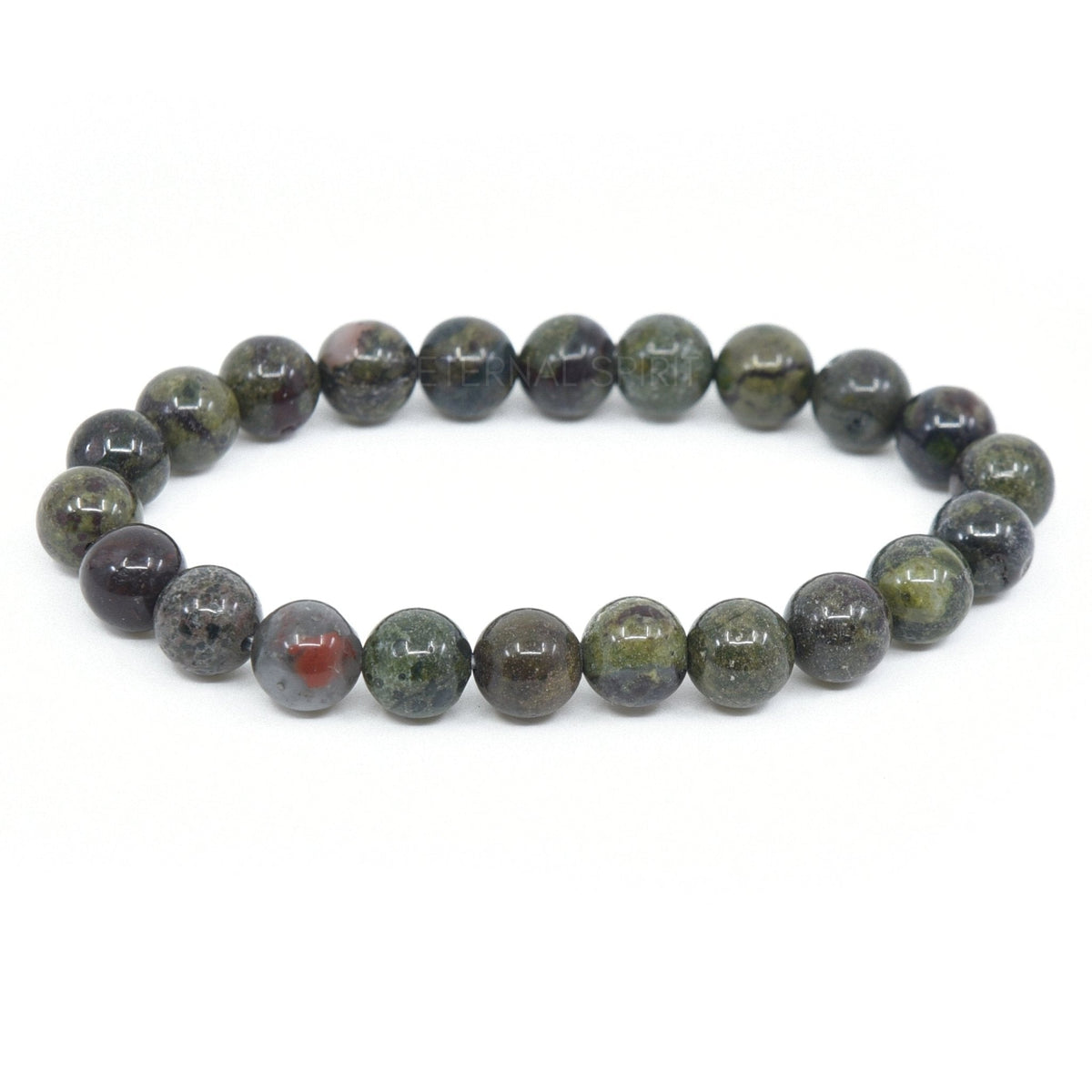 polished Jasper (Dragon's Blood) 8mm round bead bracelet on white background — Eternal Spirit