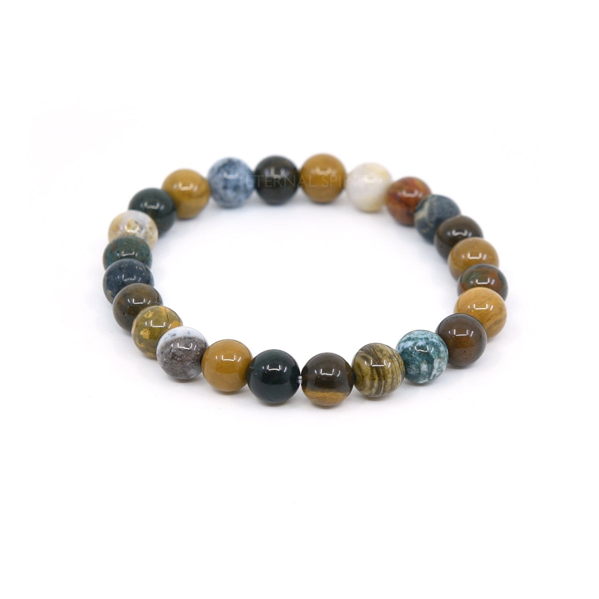 polished Jasper (Ocean) 8mm round bead bracelet on white background — Eternal Spirit