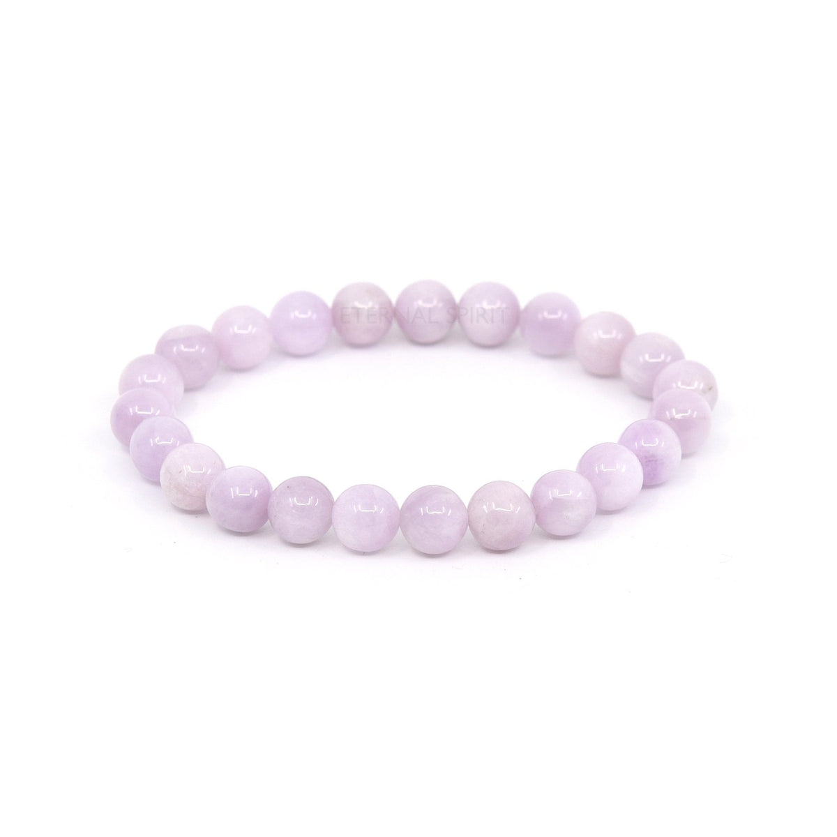 polished Kunzite 8mm round bead bracelet on white background — Eternal Spirit