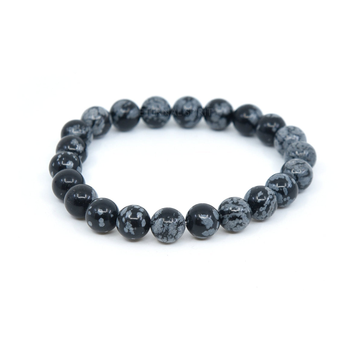 polished Obsidian (Snowflake) 8mm round bead bracelet on white background — Eternal Spirit