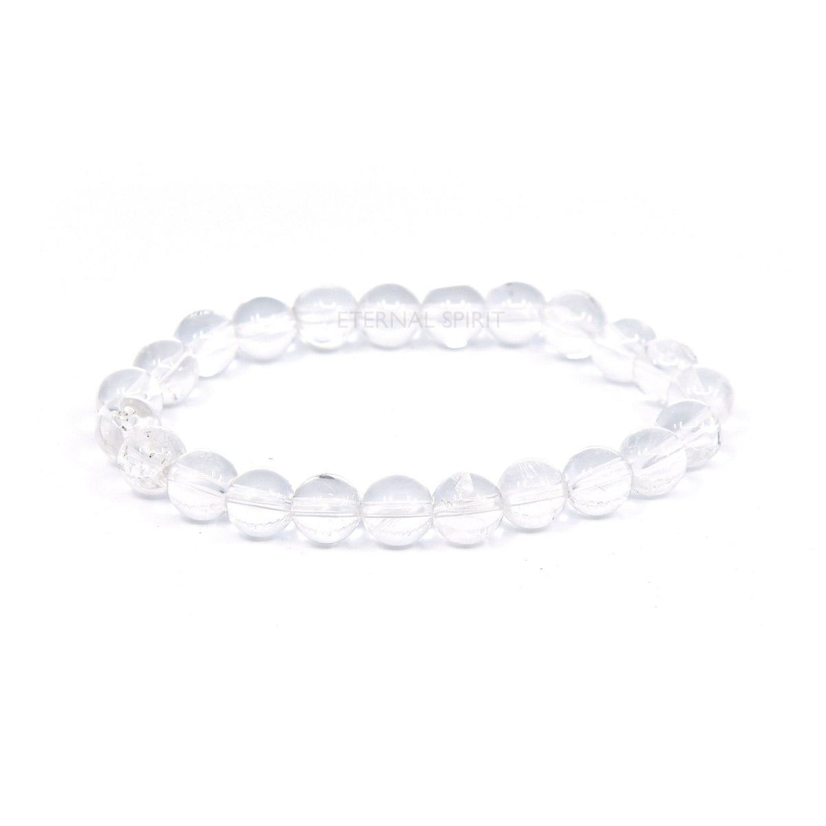 polished Quartz (Clear) 8mm round bead bracelet on white background — Eternal Spirit