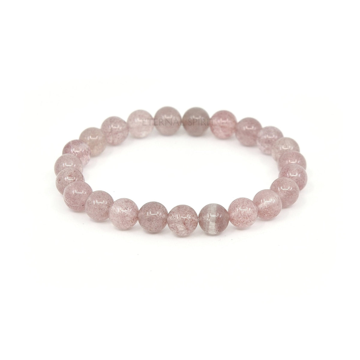 soft pink Strawberry Quartz 8mm round bead bracelet on white — Eternal Spirit