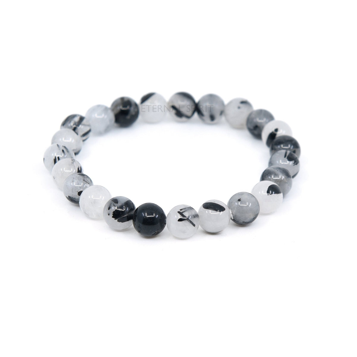 polished Quartz (Tourmalinated) 8mm round bead bracelet on white background — Eternal Spirit