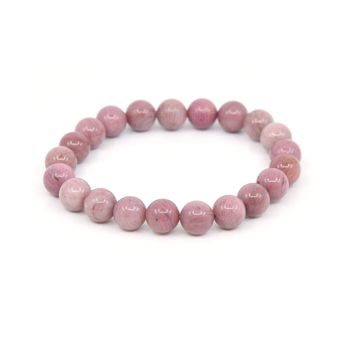 polished Rhodonite 8mm round bead bracelet on white background — Eternal Spirit