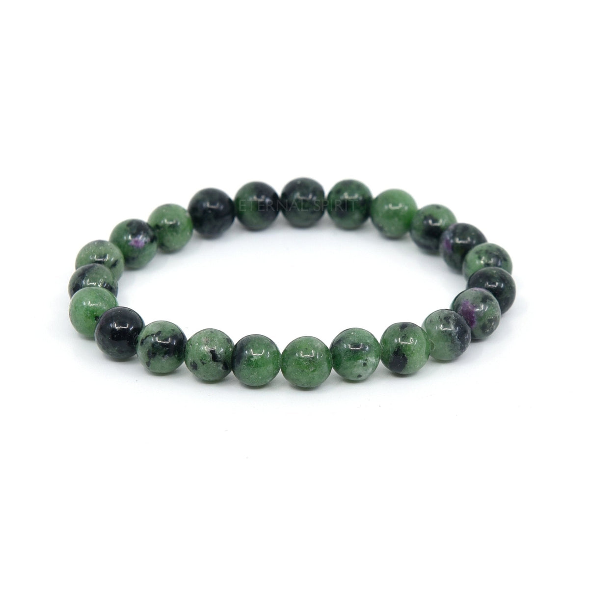 polished Ruby Zoisite 8mm round bead bracelet on white background — Eternal Spirit