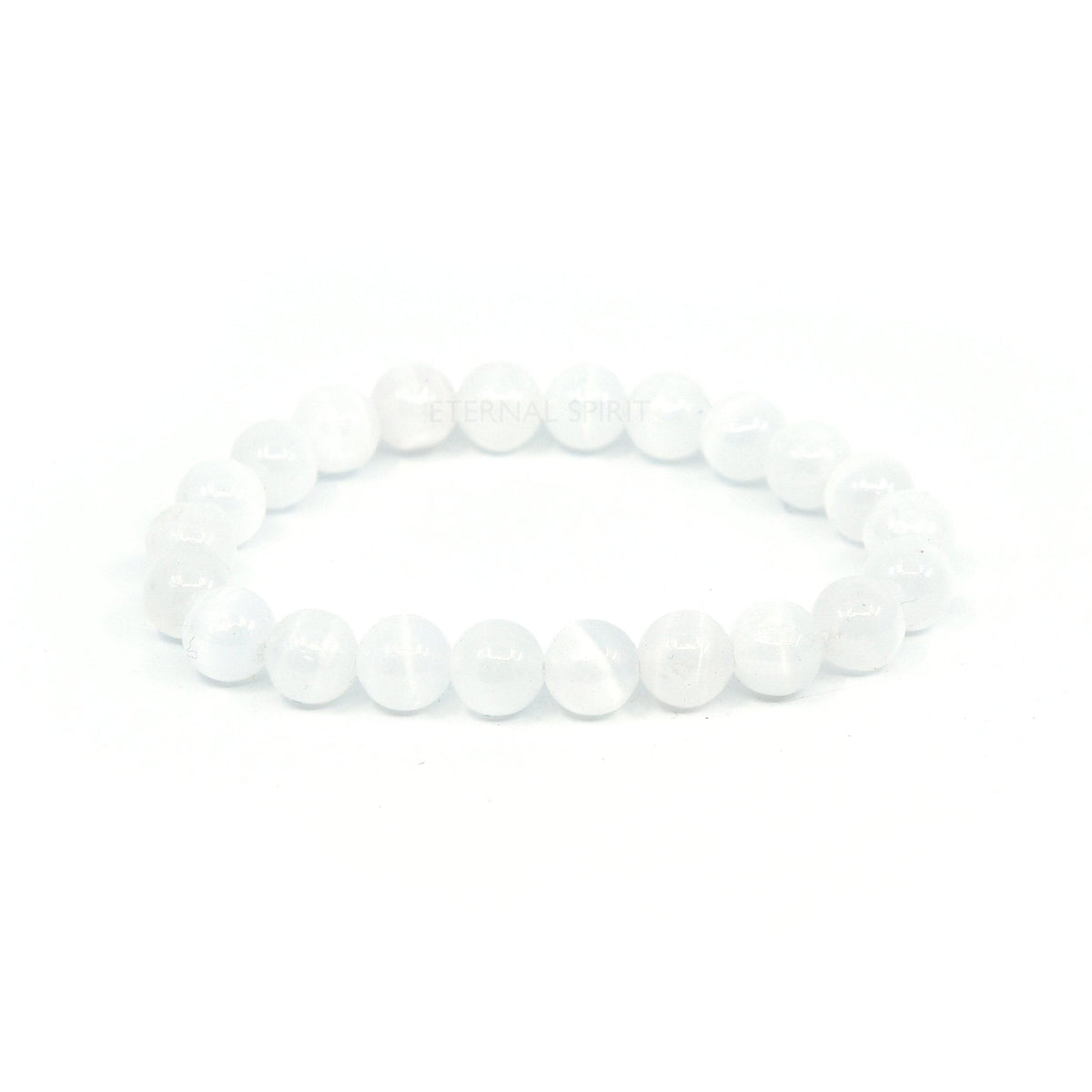 polished Selenite 8mm round bead bracelet on white background — Eternal Spirit