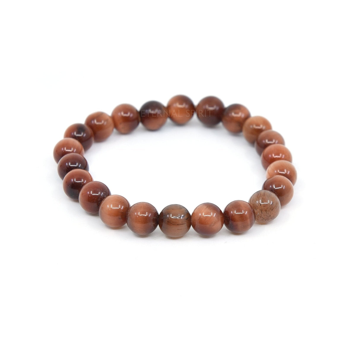 polished Tiger Eye (Red) 8mm round bead bracelet on white background — Eternal Spirit