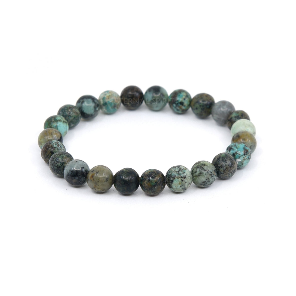 polished Turquoise (African) 8mm round bead bracelet on white background — Eternal Spirit