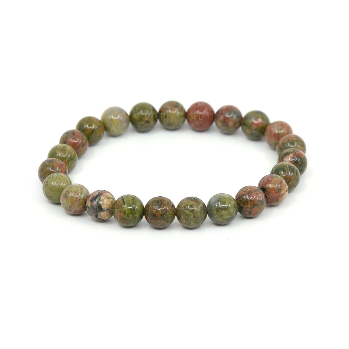 polished Unakite 8mm round bead bracelet on white background — Eternal Spirit