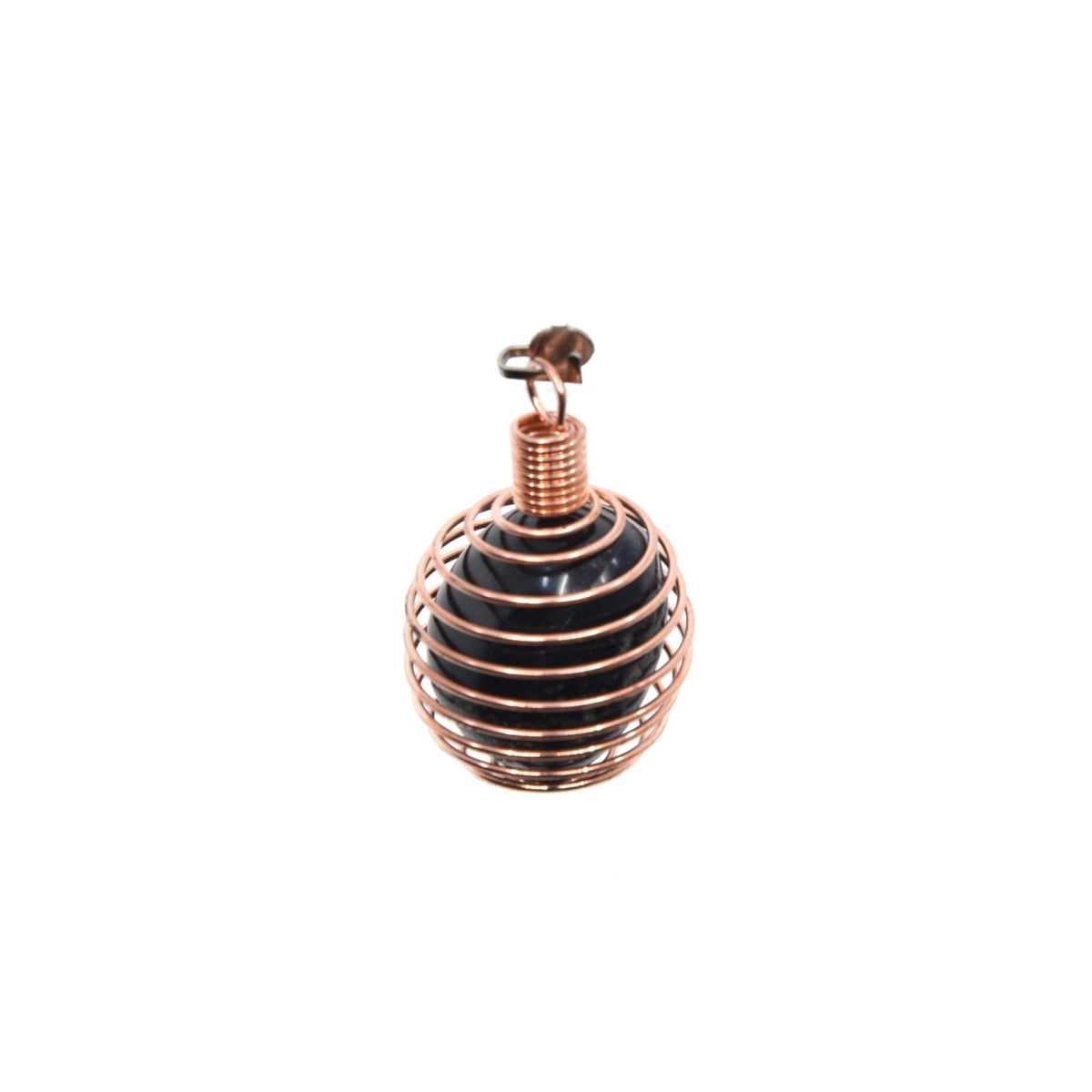 Copper crystal cage pendant, wirework detail close-up — Eternal Spirit