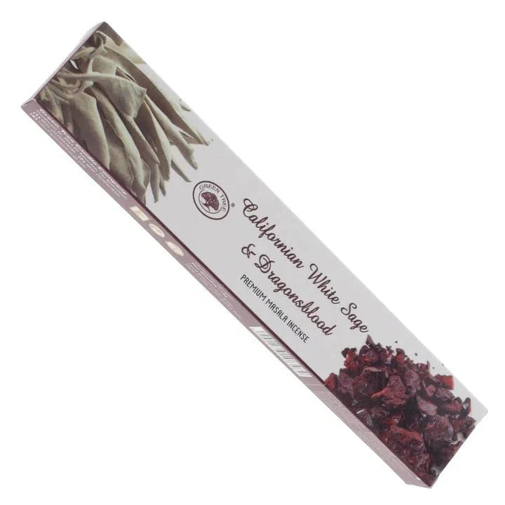 green tree "white sage & dragon's blood (californian)"", illustrated packaging with aromatic branding — Eternal Spirit