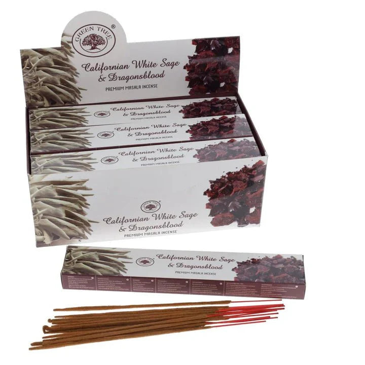 green tree "white sage & dragon's blood (californian)"", packaging reverse with scent description — Eternal Spirit