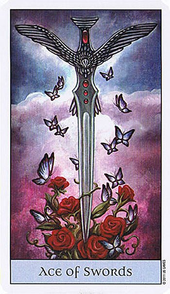 Ace of Swords card with ornate sword, roses and butterflies, Crystal Visions Tarot — Eternal Spirit