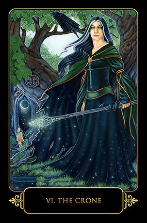 VI The Crone card with cloaked woman in moonlit forest, Dreams of Gaia Tarot — Eternal Spirit