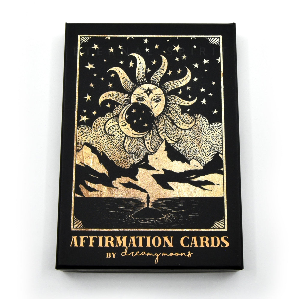 Affirmation Cards by Dreamy Moons dark box with moon and celestial design — Eternal Spirit