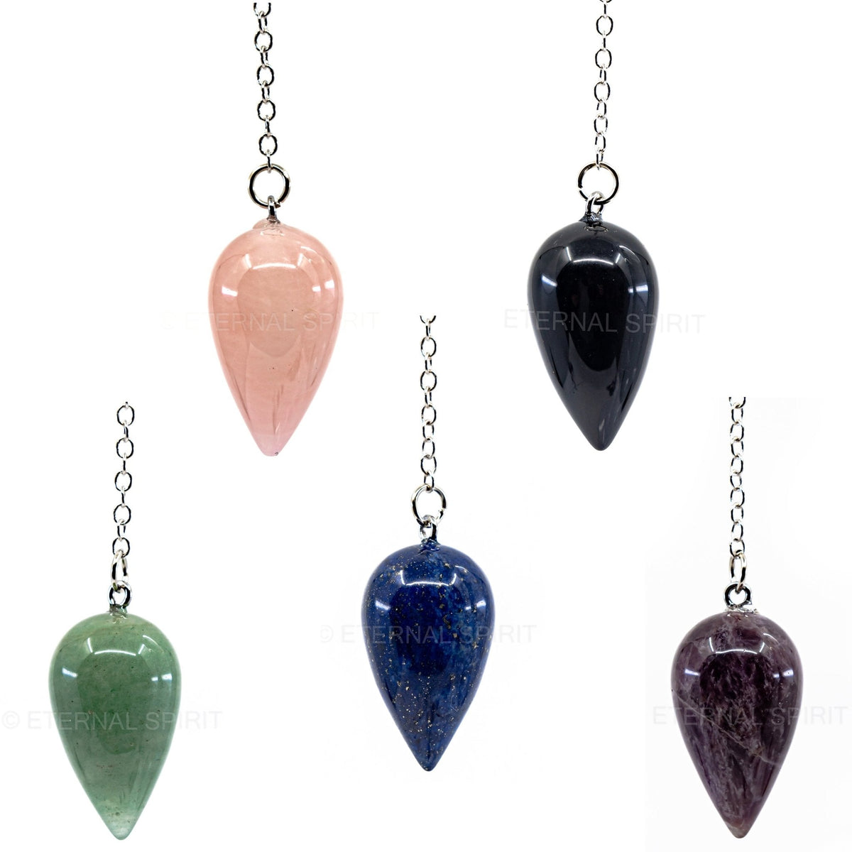 Array of teardrop crystal pendulums in assorted gemstones — Eternal Spirit