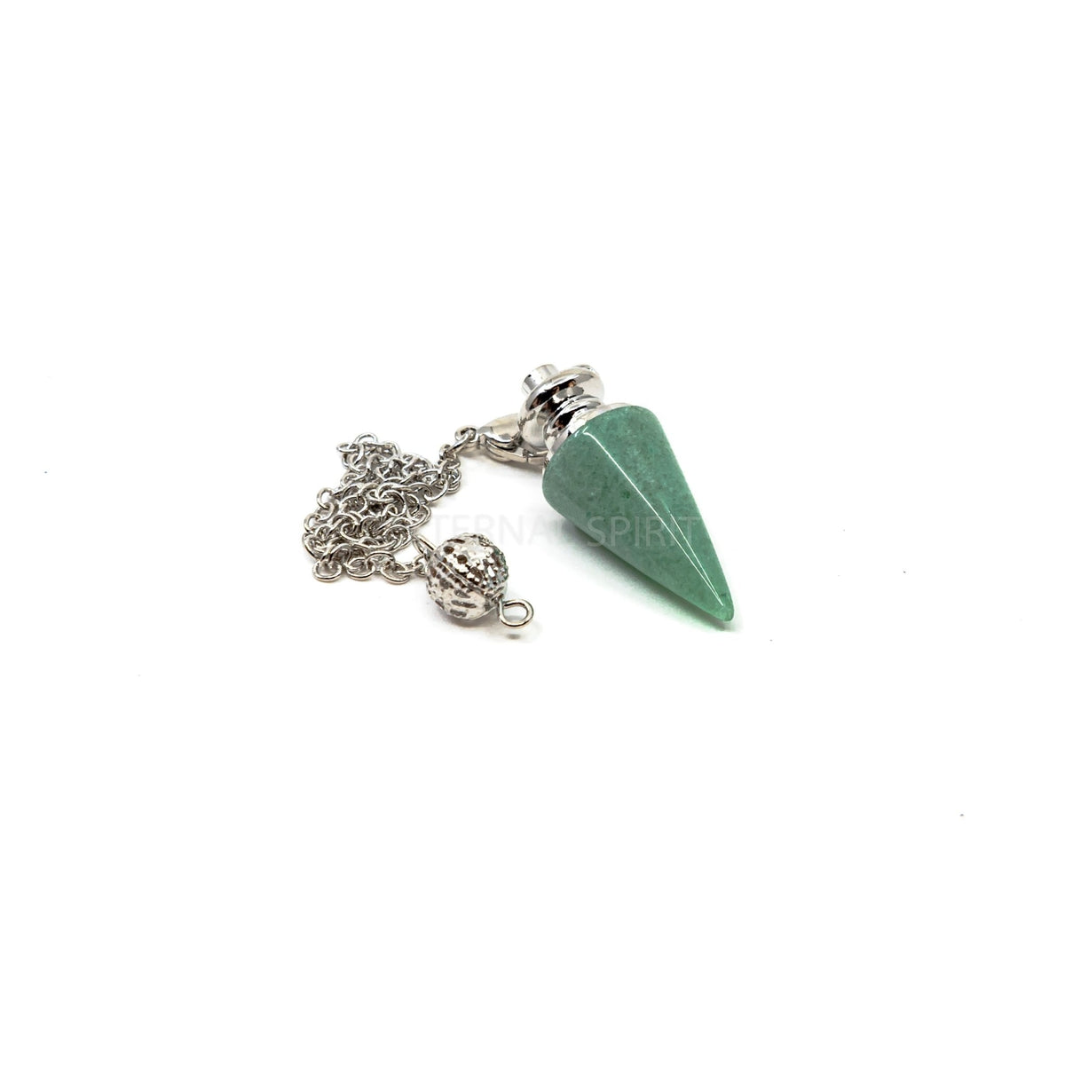 Close-up of Aventurine (Green) metal cone pendulum, verdant green stone detail — Eternal Spirit