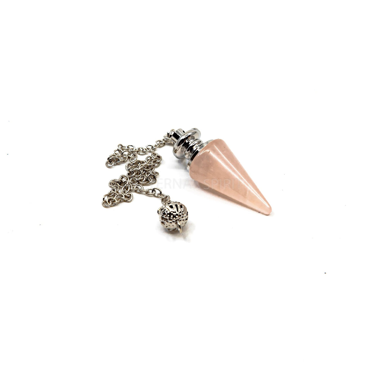 Close-up of Quartz (Rose) metal cone pendulum, soft pink stone detail — Eternal Spirit