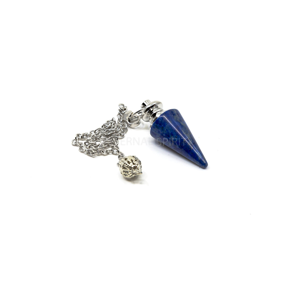Close-up of Lapis Lazuli metal cone pendulum, deep royal blue stone detail — Eternal Spirit