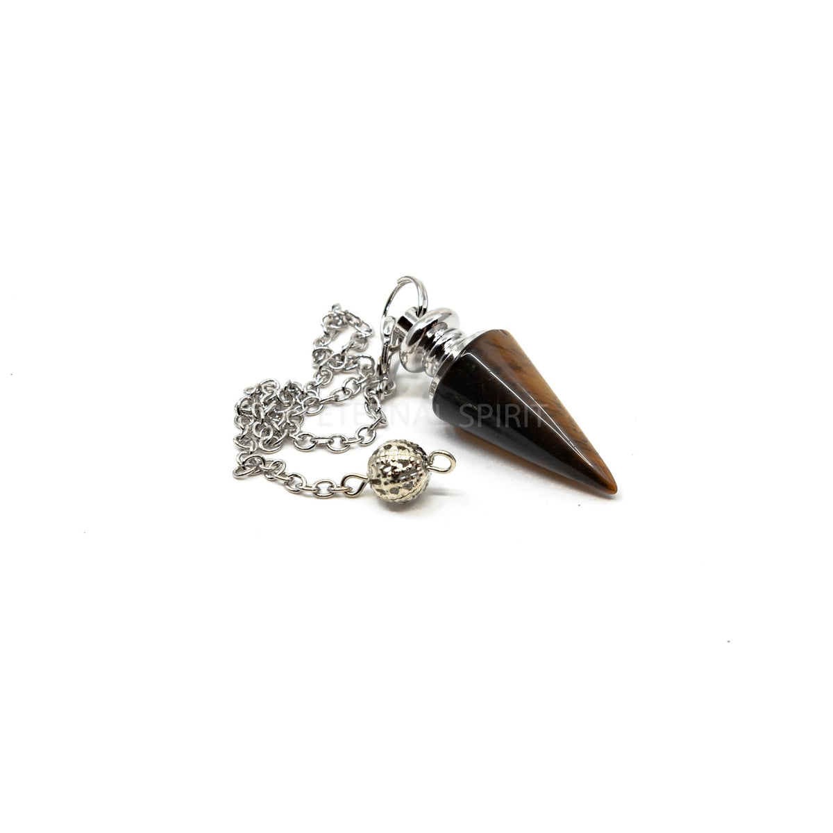 Close-up of Tiger Eye (Yellow) metal cone pendulum, golden-banded stone detail — Eternal Spirit