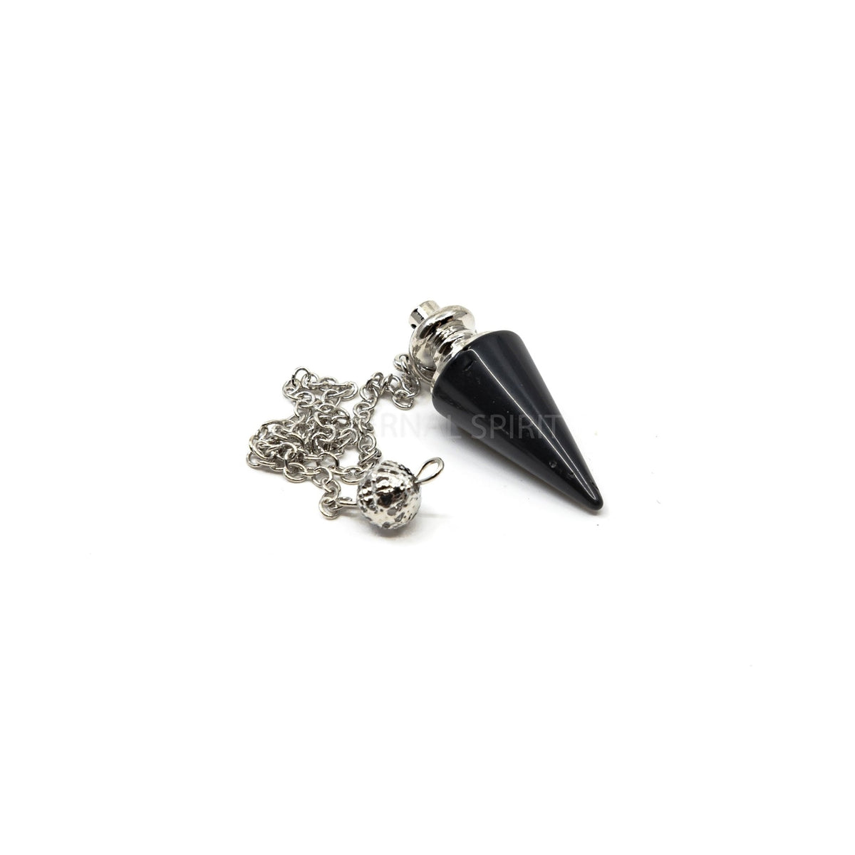 Close-up of Onyx (Black) metal cone pendulum, sleek black stone detail — Eternal Spirit