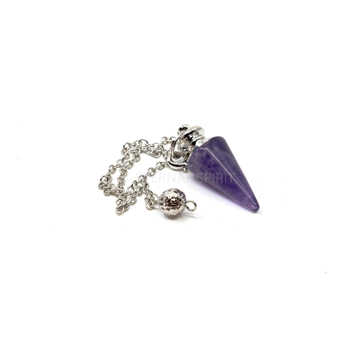 Close-up of Amethyst metal cone pendulum, violet stone detail — Eternal Spirit