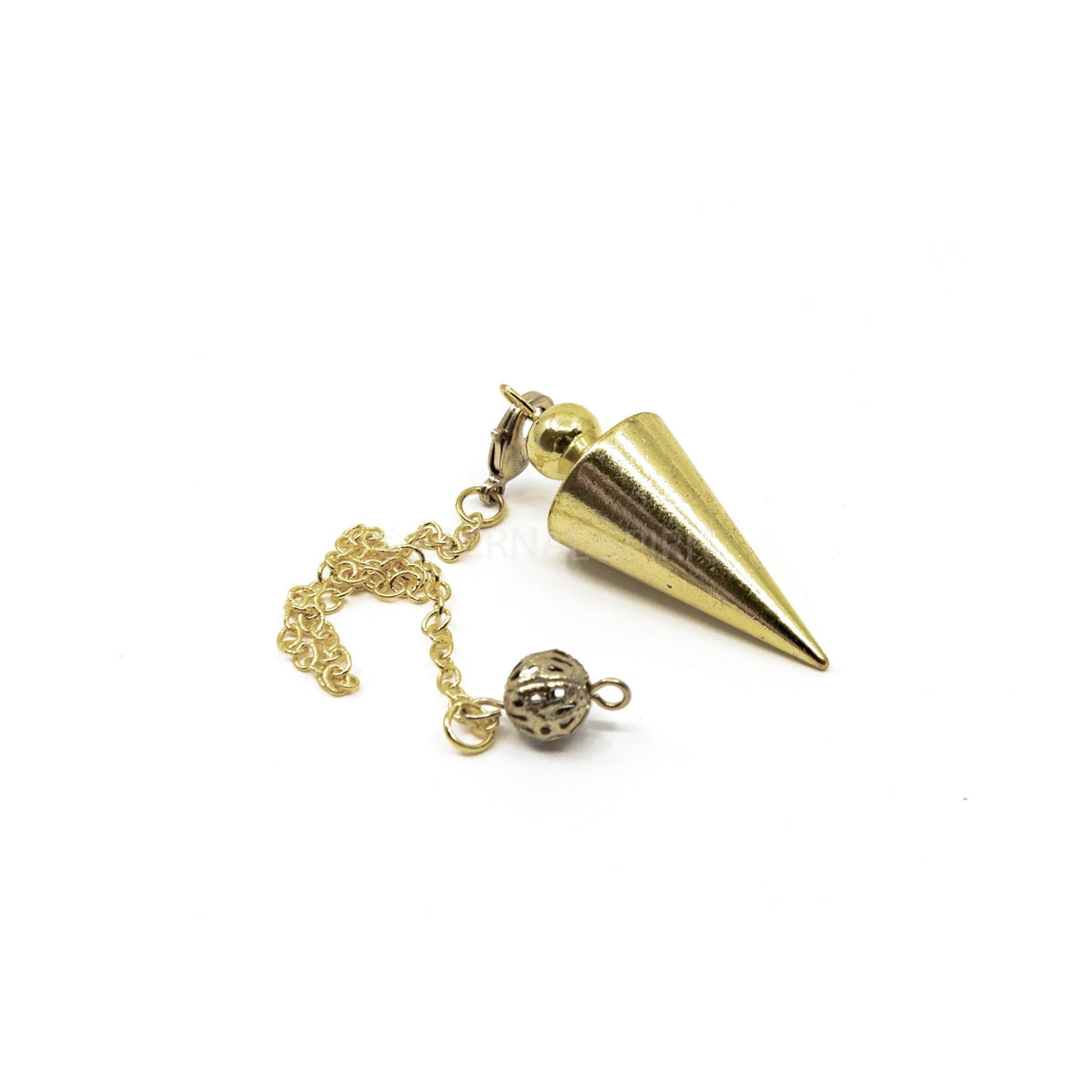 Close-up of gleaming gold metal cone pendulum, metal finish detail — Eternal Spirit