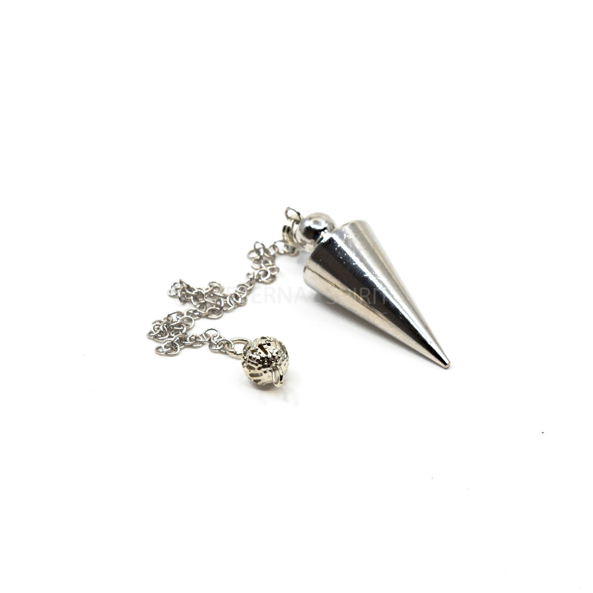 Close-up of polished silver metal cone pendulum, metal finish detail — Eternal Spirit