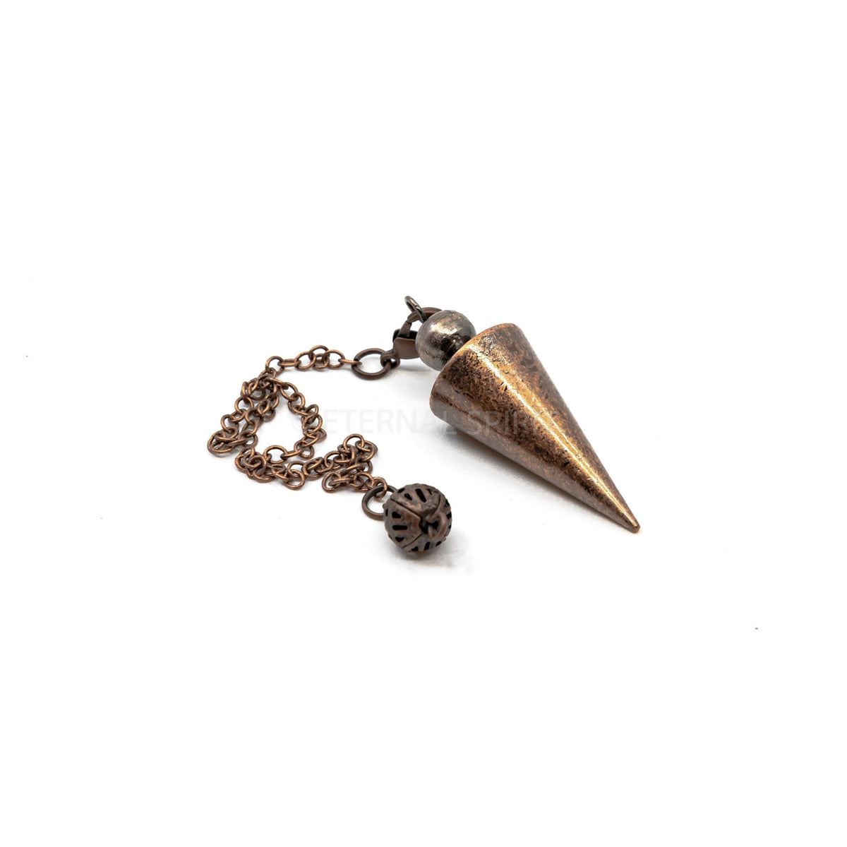 Close-up of dark antique copper metal cone pendulum, metal finish detail — Eternal Spirit