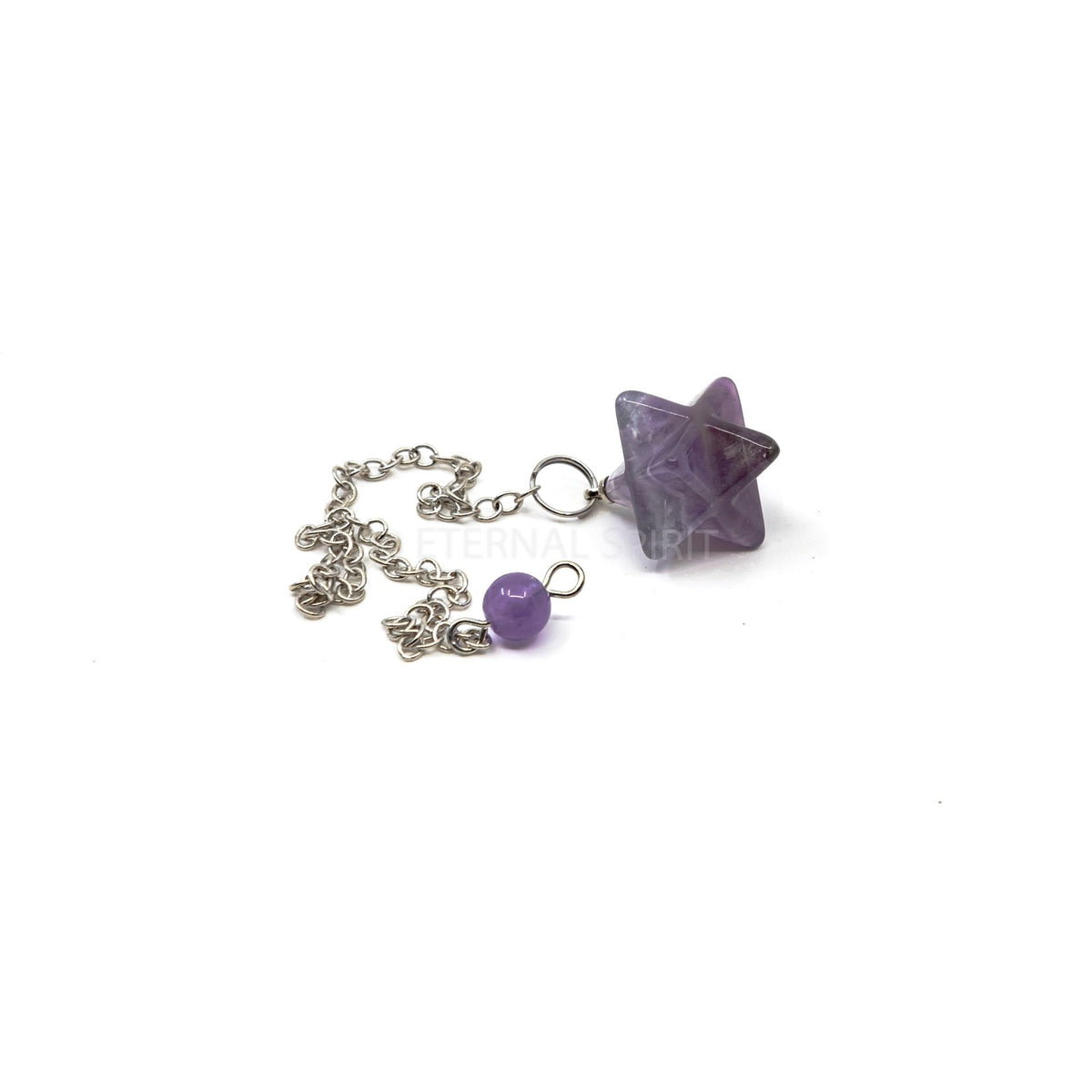 Close-up of Amethyst merkaba star pendulum, violet stone detail — Eternal Spirit
