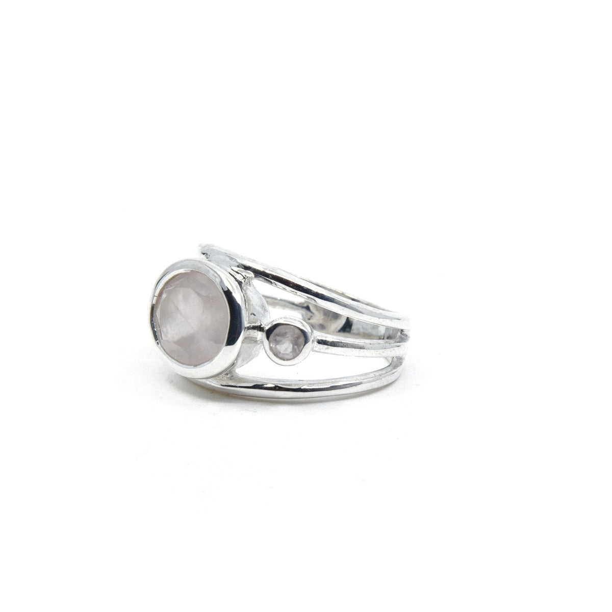 Quartz (Rose) ring #R547 angled to reveal its polished setting and silver band — Eternal Spirit