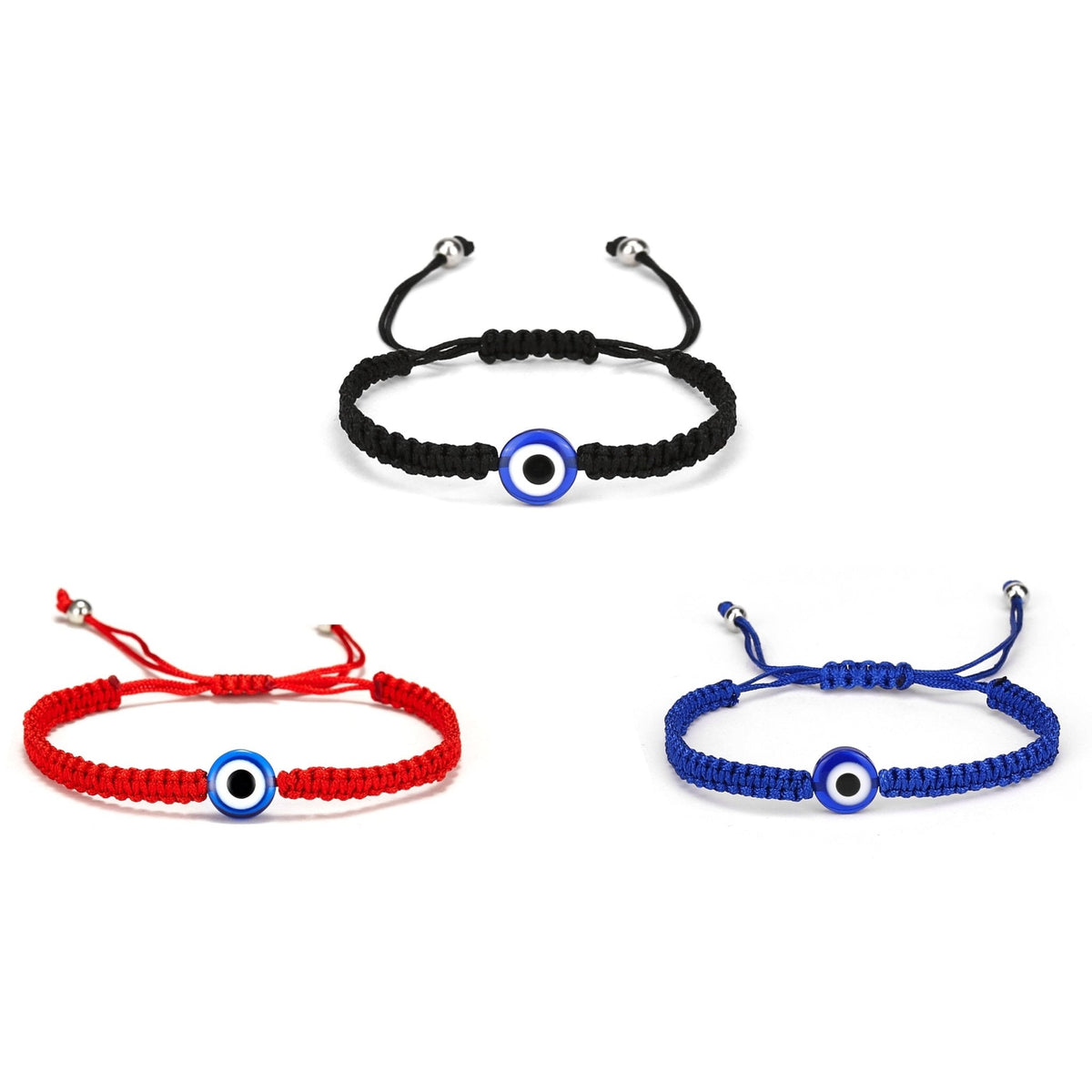 Evil Eye Protection bracelets in Black, Blue, and Red displayed together — Eternal Spirit