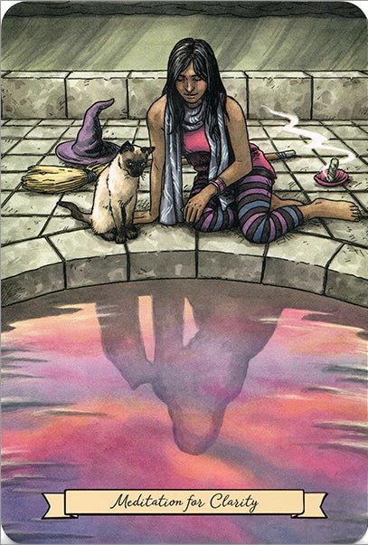 Everyday Witch Oracle deck, Meditation for Clarity card with witch in mystical candlelit scene — Eternal Spirit