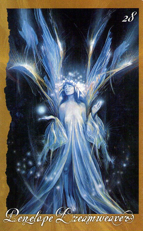 The Faerie's Oracle deck, Penelope Dreamweaver card with ethereal blue faerie figure in light — Eternal Spirit